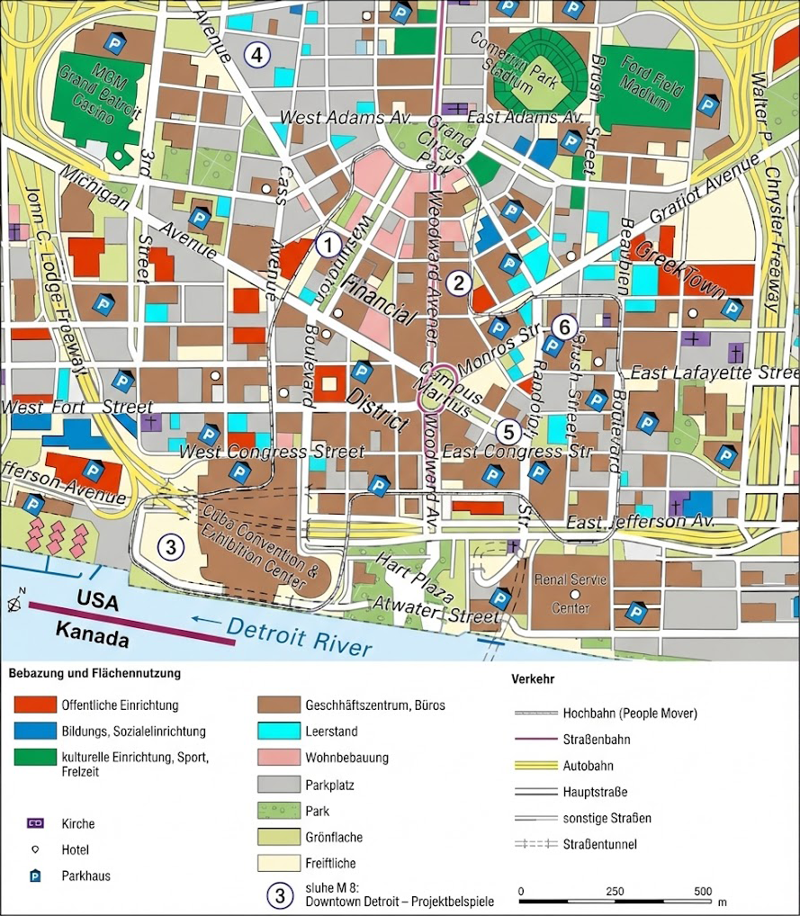Stadtplan von Downtown Detroit am Detroit River mit farbiger Legende zu Flächennutzung und Verkehrswegen